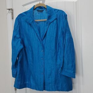 Investments Womans Blue Linen,3/4 Sleeve Button Down Shirt, Size 18W
